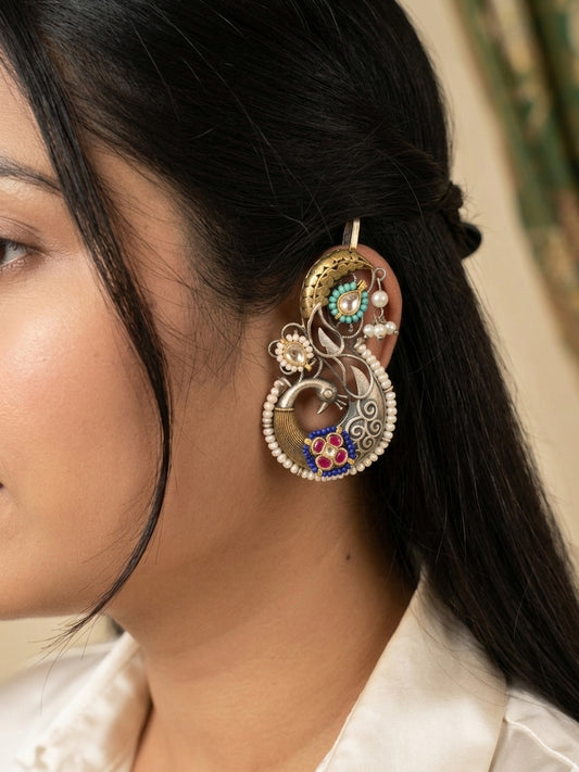 APSARA- German Silver Dual Tone Full Coverage Earcuff With Kundan Work