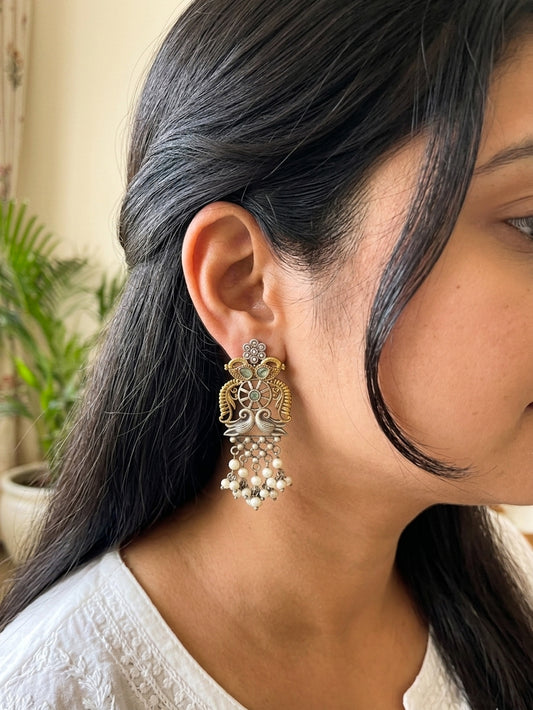 NIYATI - Dual Tone German Silver Earings with Green Stones & Pearl Drops