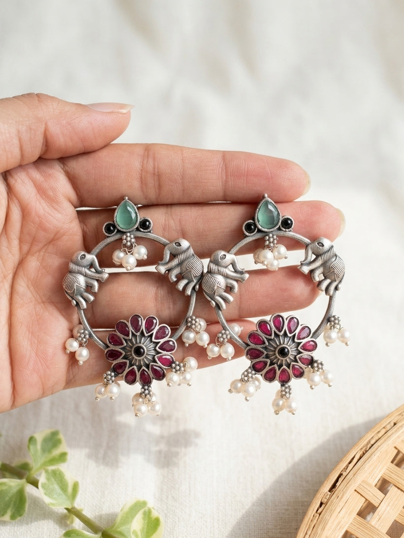 ASAWARI- German Silver Intricate Stones Elephant Pattern Danglers-Red