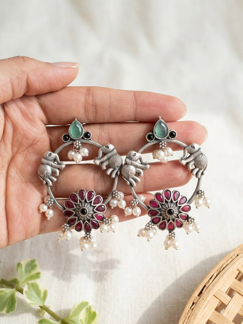 ASAWARI- German Silver Intricate Stones Elephant Pattern Danglers-Red