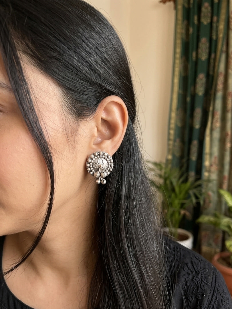 Madhubala - Silver Oxidised German Silver Ghungroo Studs