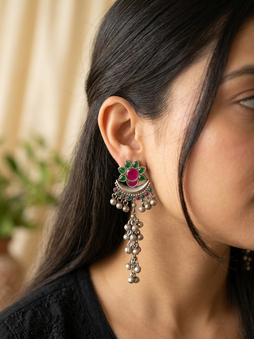 IRAVATI- German Silver Kashmiri Earrings With Ghungroo Green And Pink
