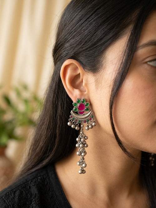 IRAVATI- German Silver Kashmiri Earrings With Ghungroo Green And Pink