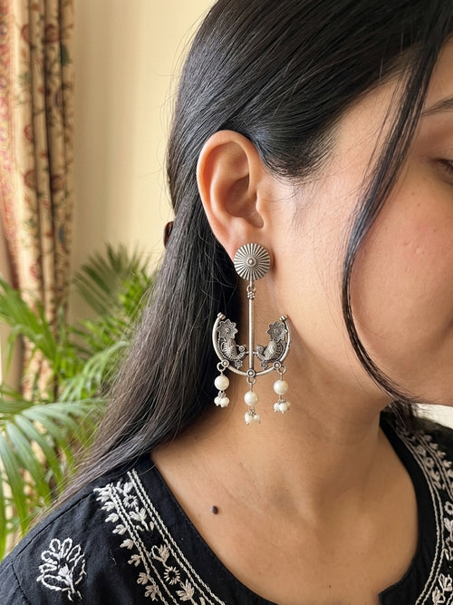 Mohini - Silver Tone Peacock On A Moon Earrings