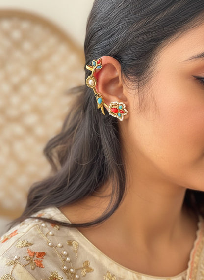TARABAI-Golden With Red And Blue Mix Metal Earcuff