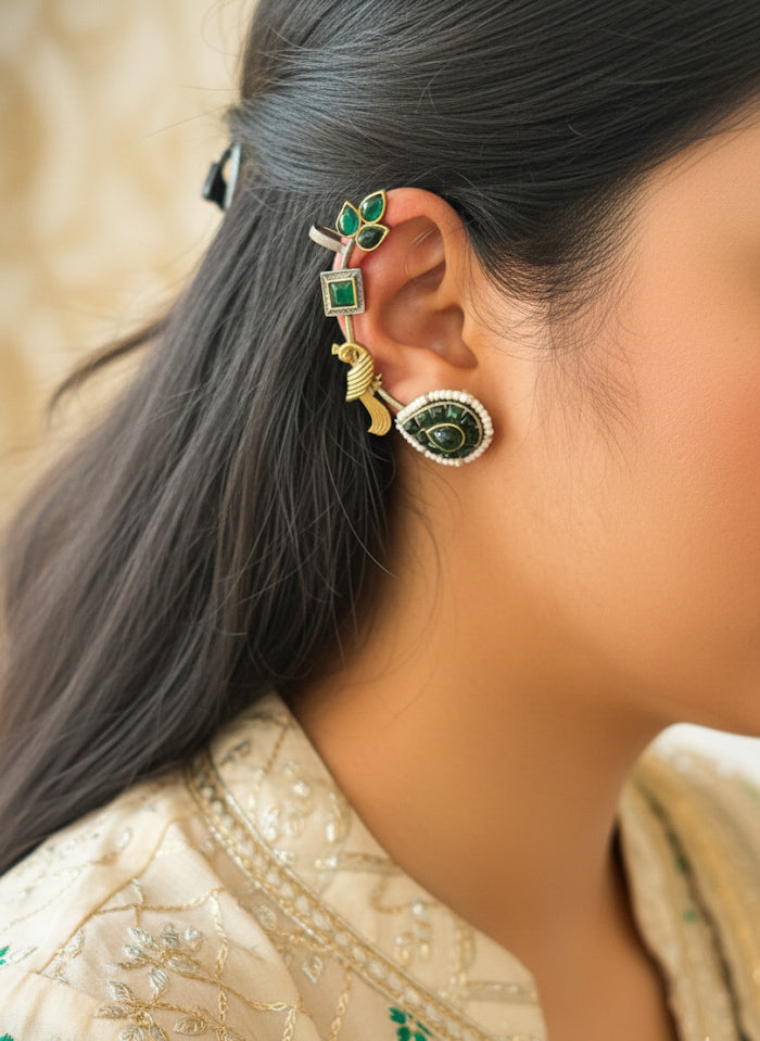 TARABAI-Golden With Green Mix Metal  Earcuff