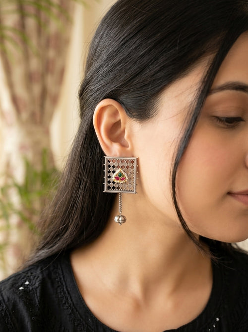 IRA- German Silver Square Studs With Kundan Work