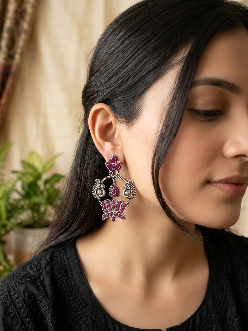 ROOPSUNDARI - German Silver Chandbali With Pink Stones