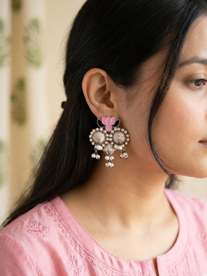 Meenakshi - Navy Blue And Pink Enamel Lotus Silver Tone Boho Earrings