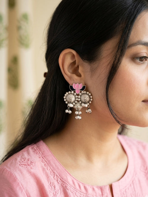 Meenakshi - Navy Blue And Pink Enamel Lotus Silver Tone Boho Earrings