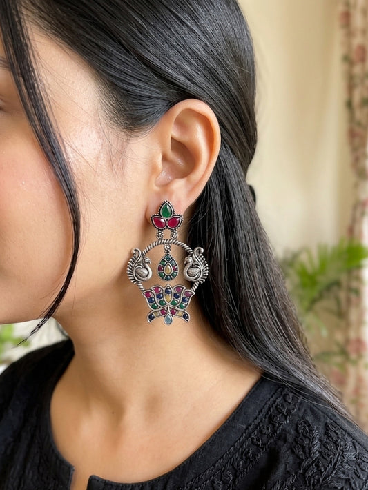 ROOPSUNDARI - German Silver Chandbali With Pink Green Stones
