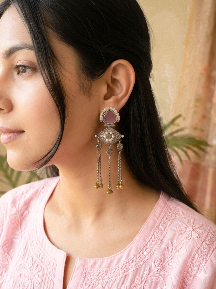 ZEENAT- Kashmiri Style Oxidised Pink Stone Chain Drop Earing