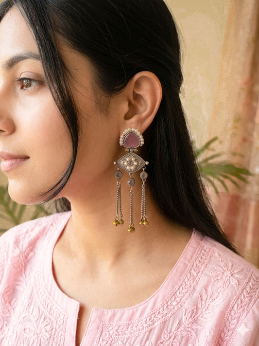 ZEENAT- Kashmiri Style Oxidised Pink Stone Chain Drop Earing