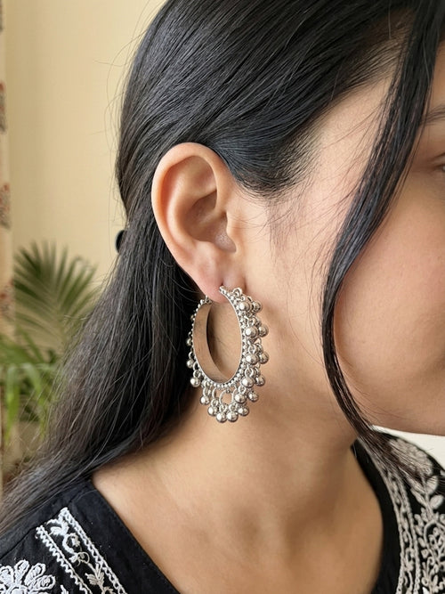 Hoor- Silver Oxidised Gungroo Ring Hoops