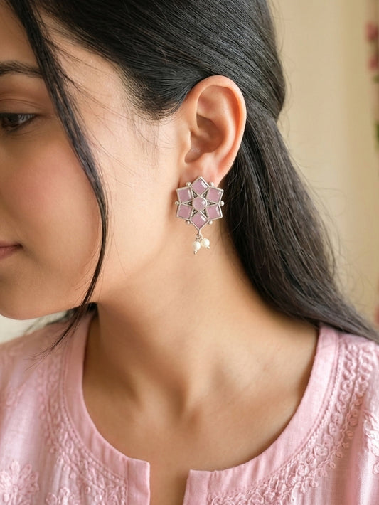 BALAMANI-Baby Pink Stone German Oxidized Earring