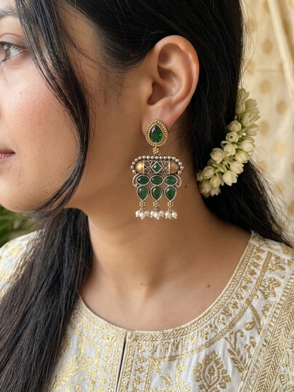 VIRANI- Dual Tone Silver Oxidised Earings with Green Stones & Pearl Drops