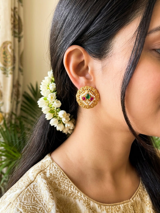 RASHMIKA- German Silver Gold Tone Studs With Kundan Work