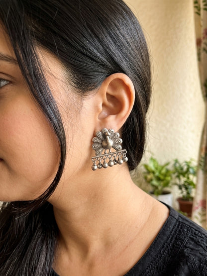 Mor - German Silver Peacock Ghungroo Studs
