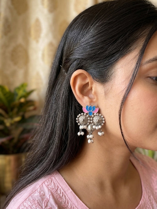 Meenakshi - Blue And Pink Enamel Lotus Silver Tone Boho Earrings
