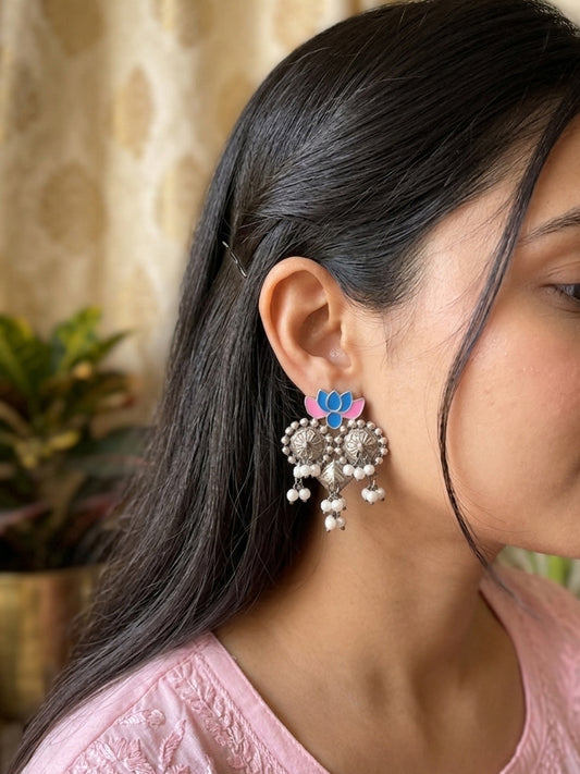 Meenakshi - Blue And Pink Enamel Lotus Silver Tone Boho Earrings