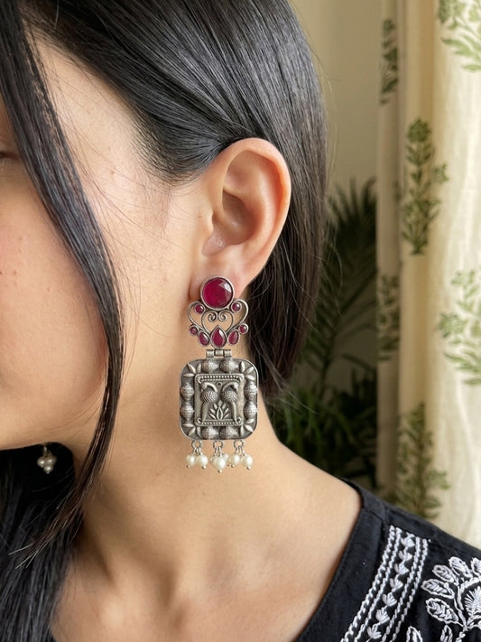 Meher - Siler Oxidised Pink Stone Dangler Earrings