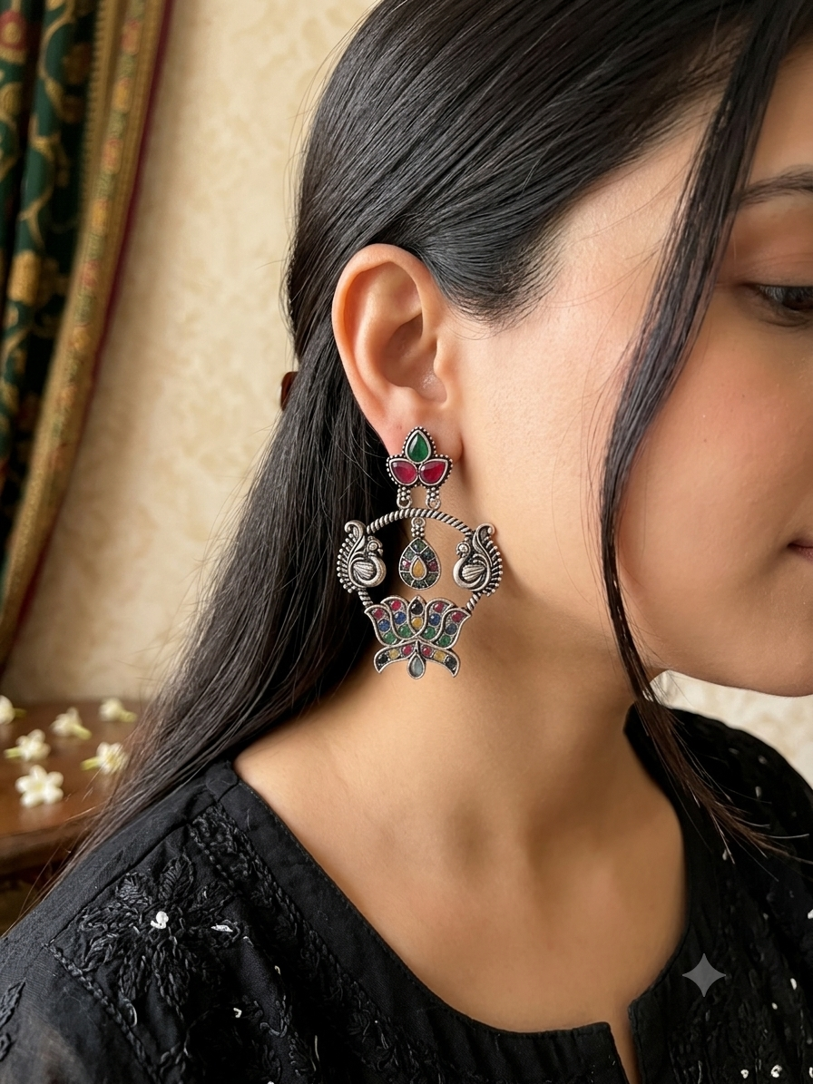 ROOPSUNDARI - German Silver Chandbali With Pink Green Stones