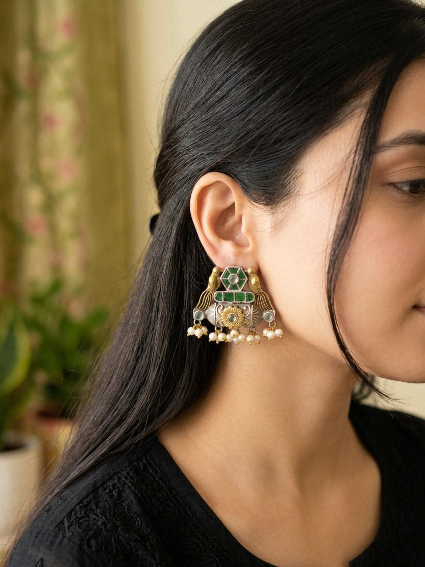 Mehreen -Dual Tone Green Stone German Sliver Earrings