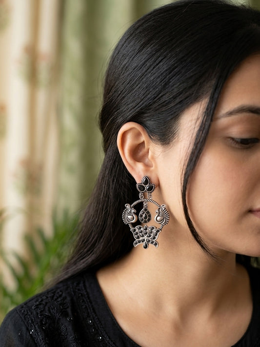 ROOPSUNDARI - German Silver Chandbali With Black Stones
