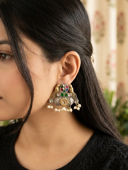 Mehreen -Dual Tone Green And Red Stone German Sliver Earrings