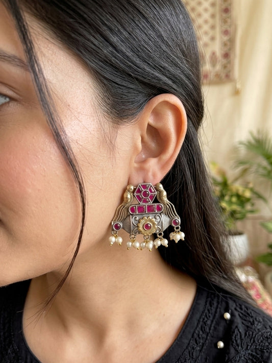 Mehreen -Dual Pink  Stone German Sliver Earrings