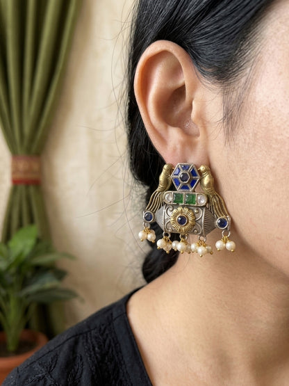 Mehreen -Dual Tone Blue And Green Stone German Sliver Earrings