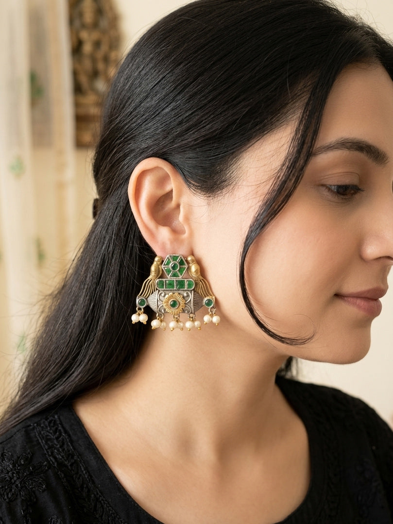 Mehreen -Dual Tone Green Stone German Sliver Earrings