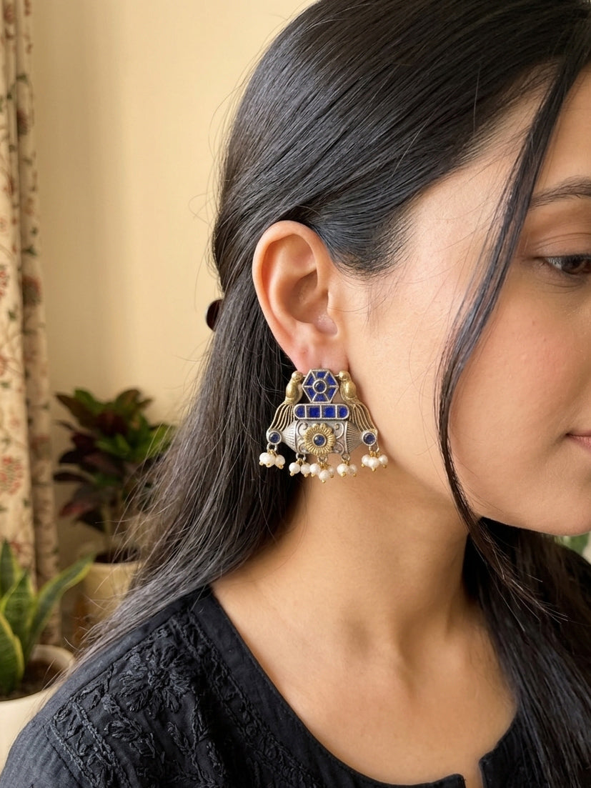 Mehreen -Dual Tone Blue StoneGerman Sliver Earrings