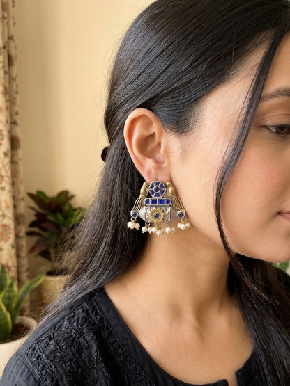 Mehreen -Dual Tone Blue StoneGerman Sliver Earrings