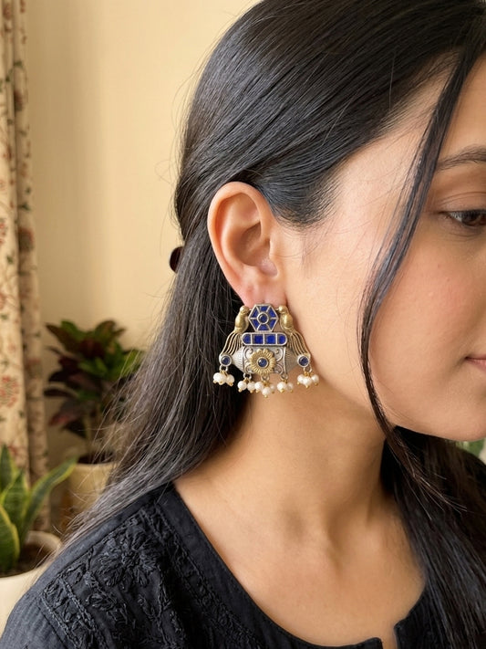 Mehreen -Dual Tone Blue StoneGerman Sliver Earrings