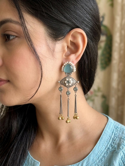 ZEENAT- Kashmiri Style Oxidised Sky Blue Stone Chain Drop Earing