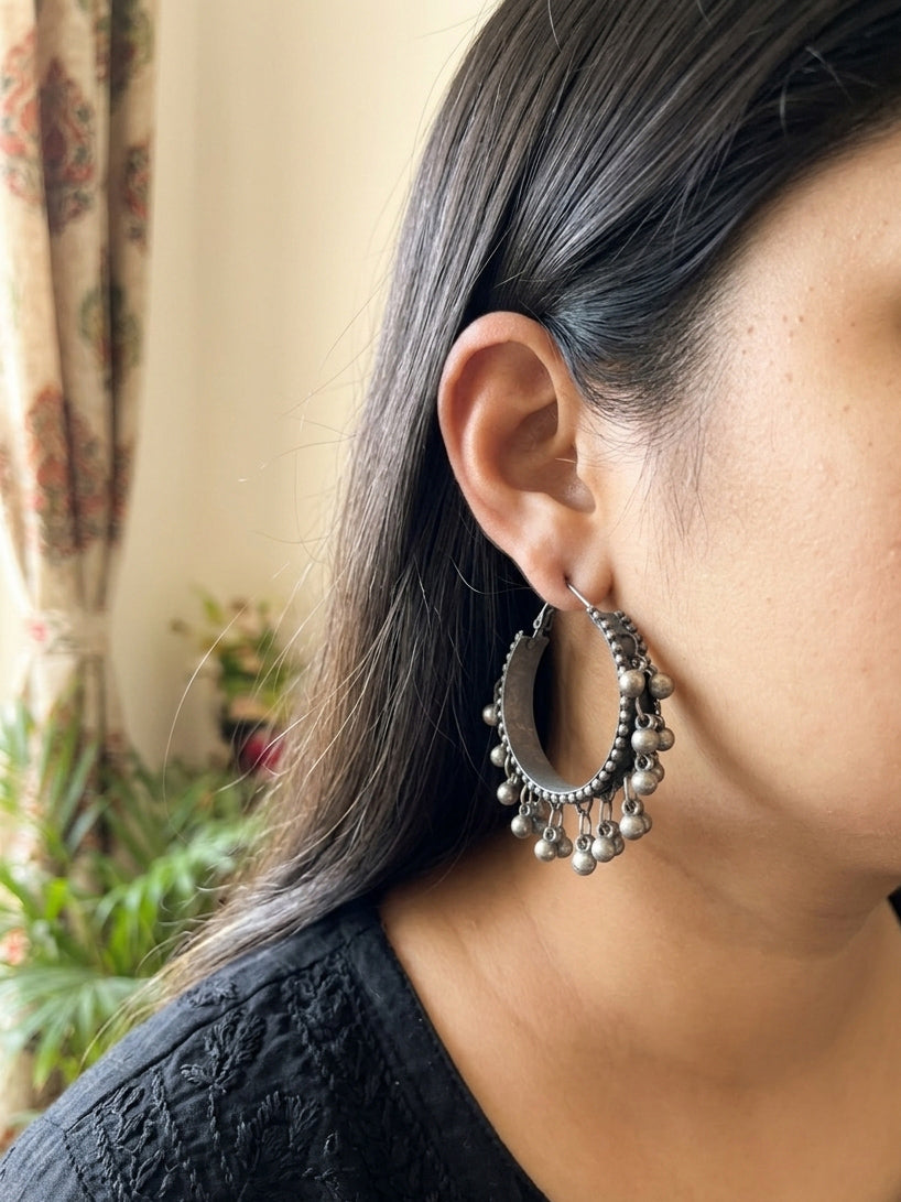 Hoor- Silver Oxidised Black Polish Gungroo Ring Hoops