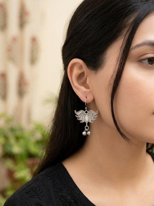 Kamala - Silver Oxidised Lotus Danglers