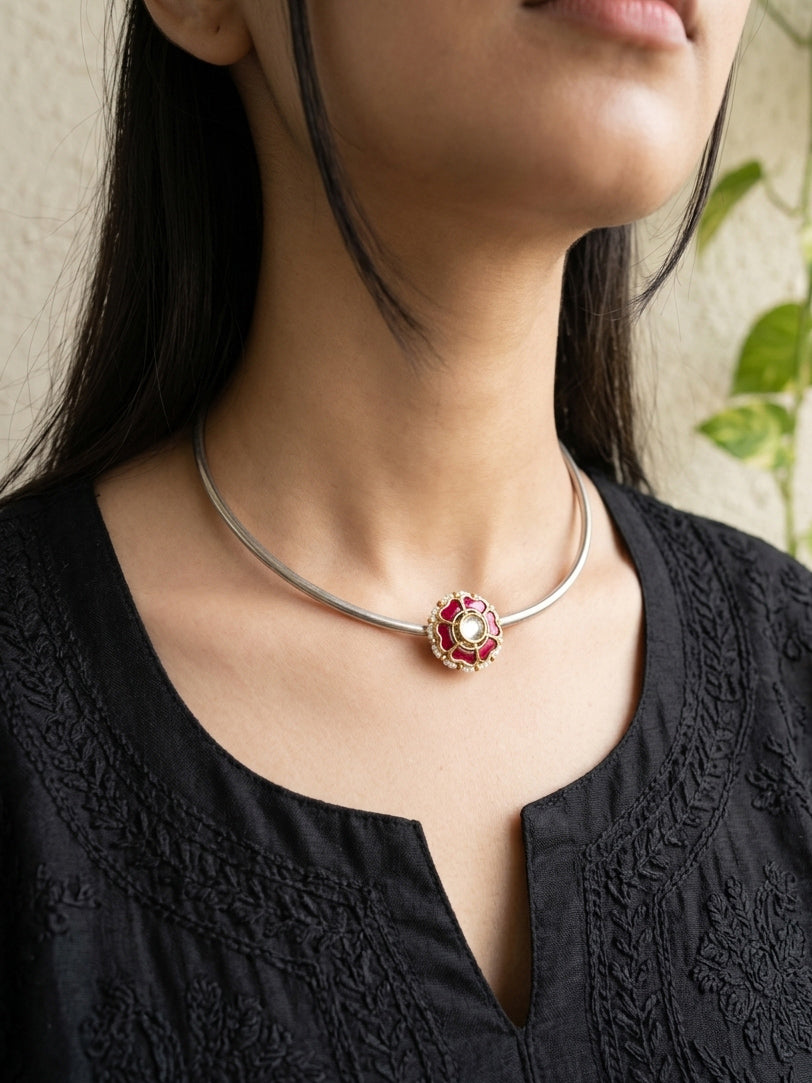 MOUSAMI - German Silver Hasli With Kundan Flower Pendant