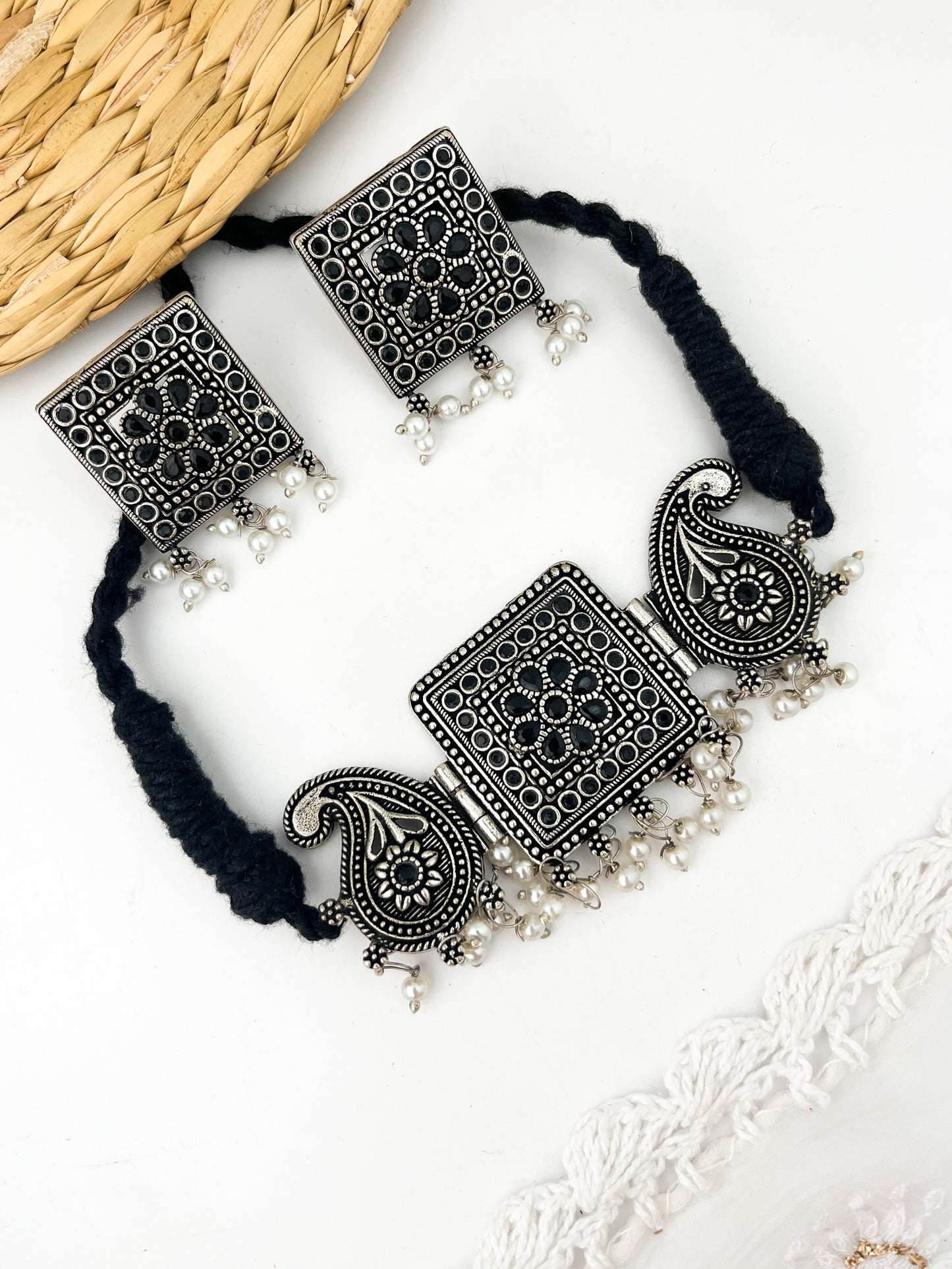 SADHANA- German Silver Chocker With Earrings Black