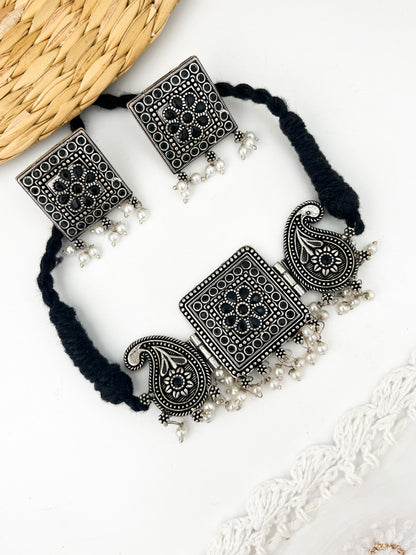 SADHANA- German Silver Chocker With Earrings Black