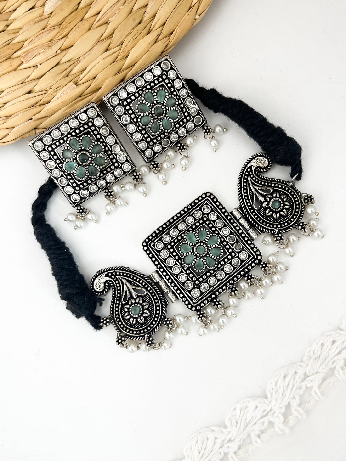 NANDINI - German Silver Chocker With Earrings Light Blue