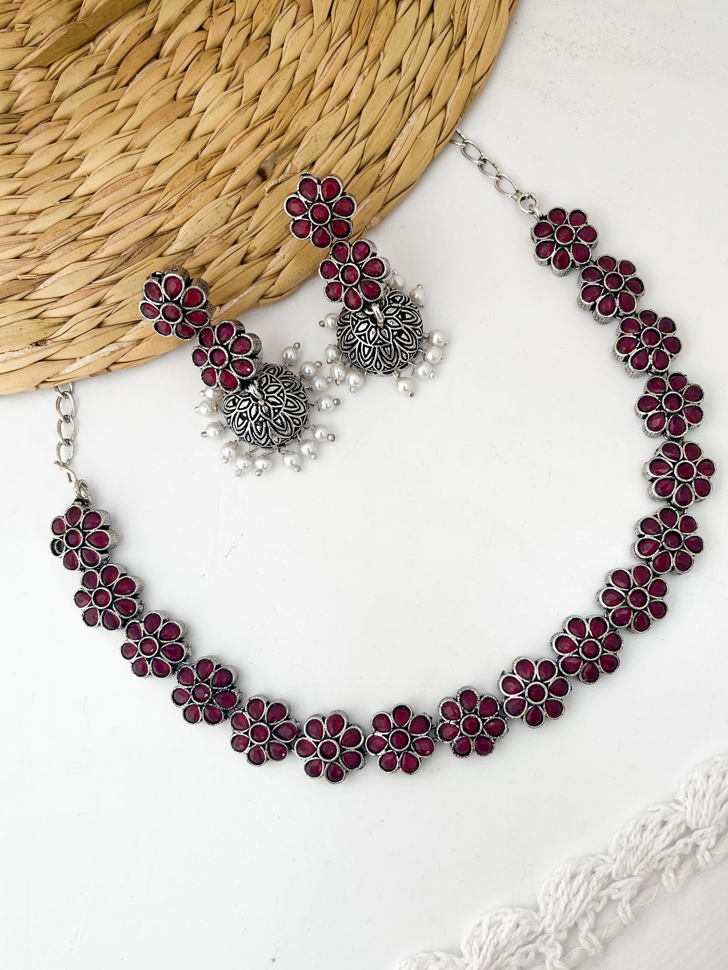 PRIYASI - German Silver Flower Stud Neckpiece With Earrings Magenta