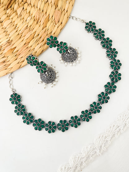 PRIYASI- German Silver Flower Stud Neckpiece With Earrings Dark Green