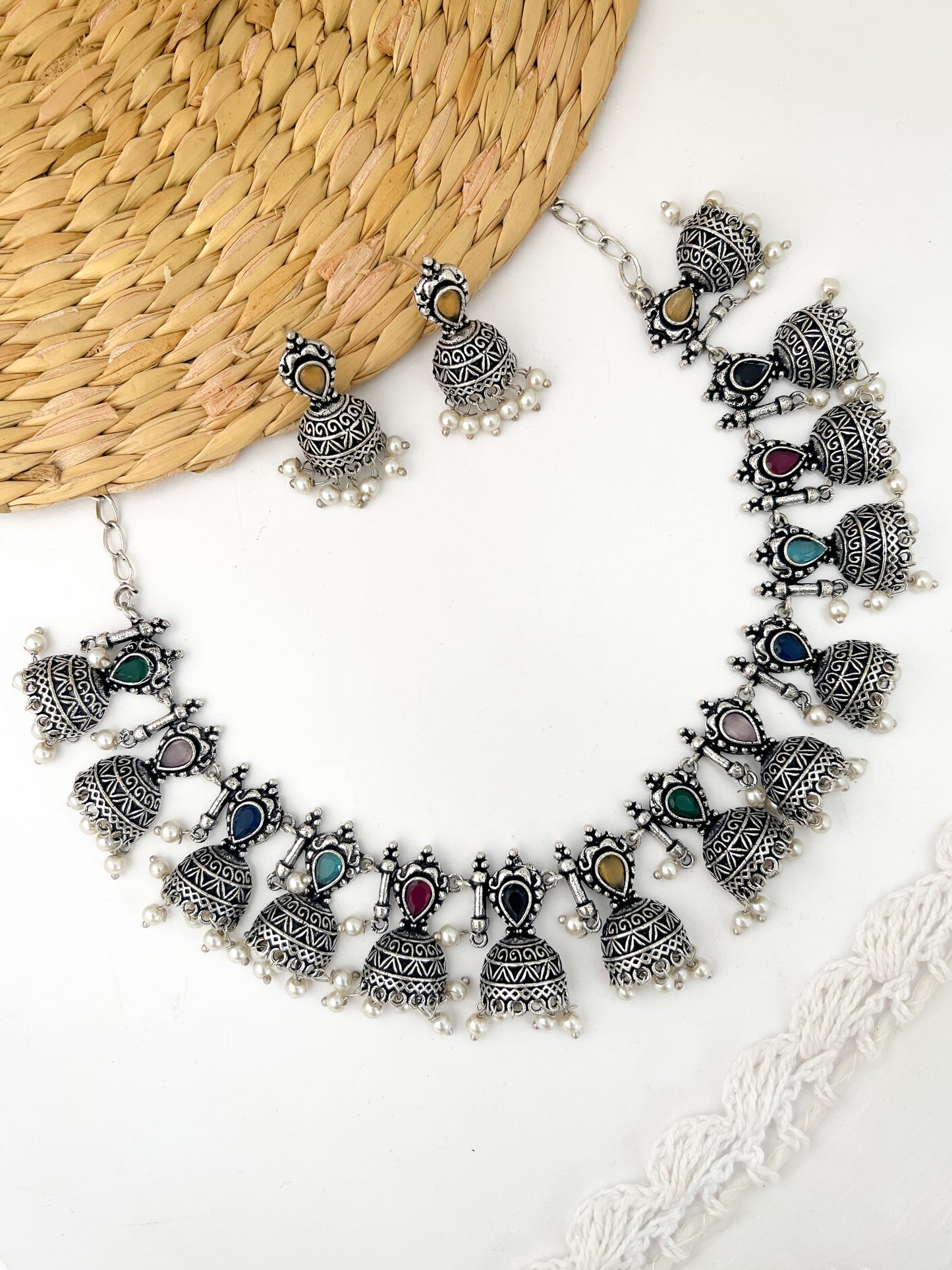 JHIMKI - German Silver Half Jhumka Neckpiece With Earrings Multi