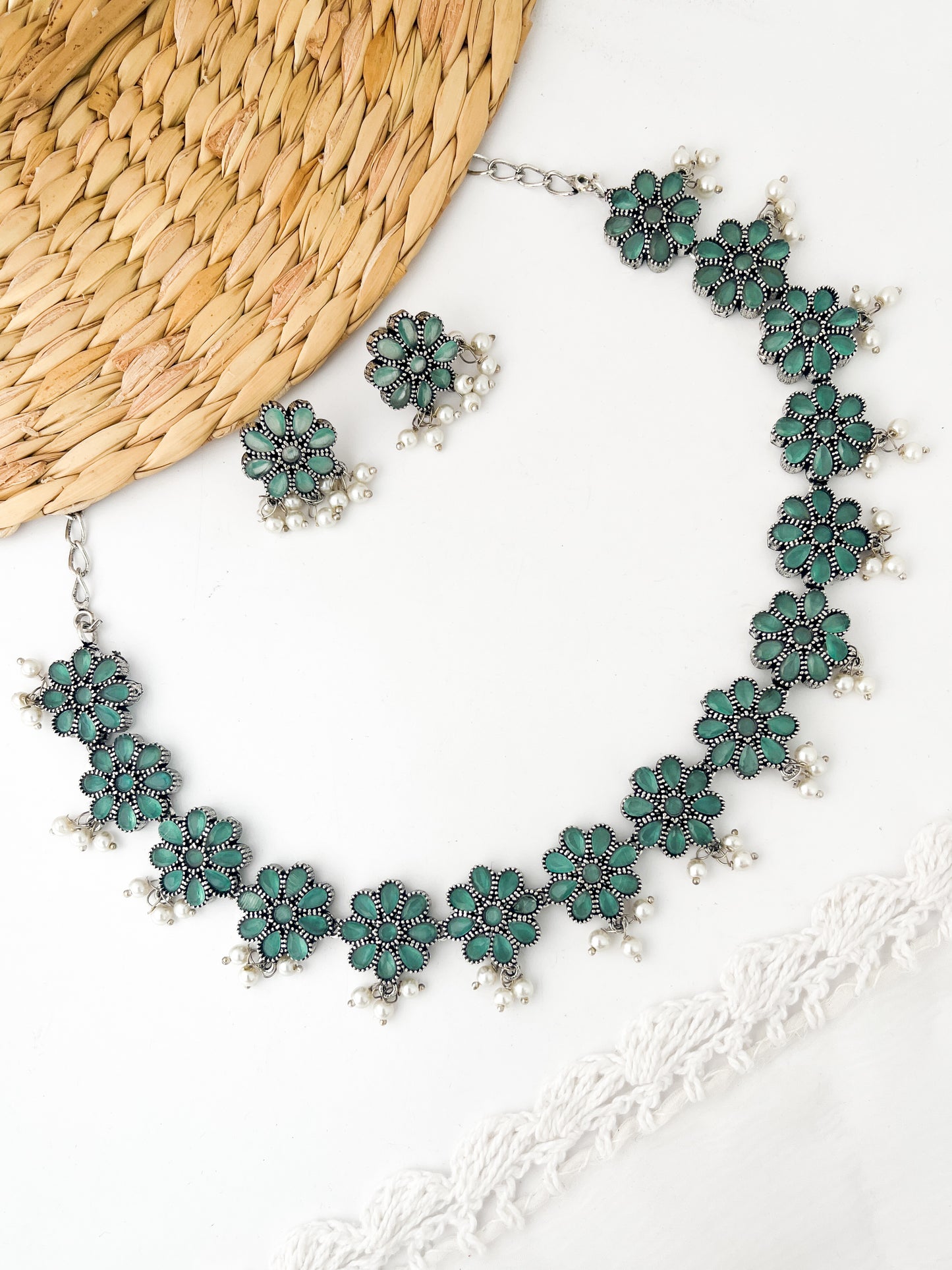 RAMYA - German Silver Flower Stud With Moti Neckpiece With Earrings Light Blue