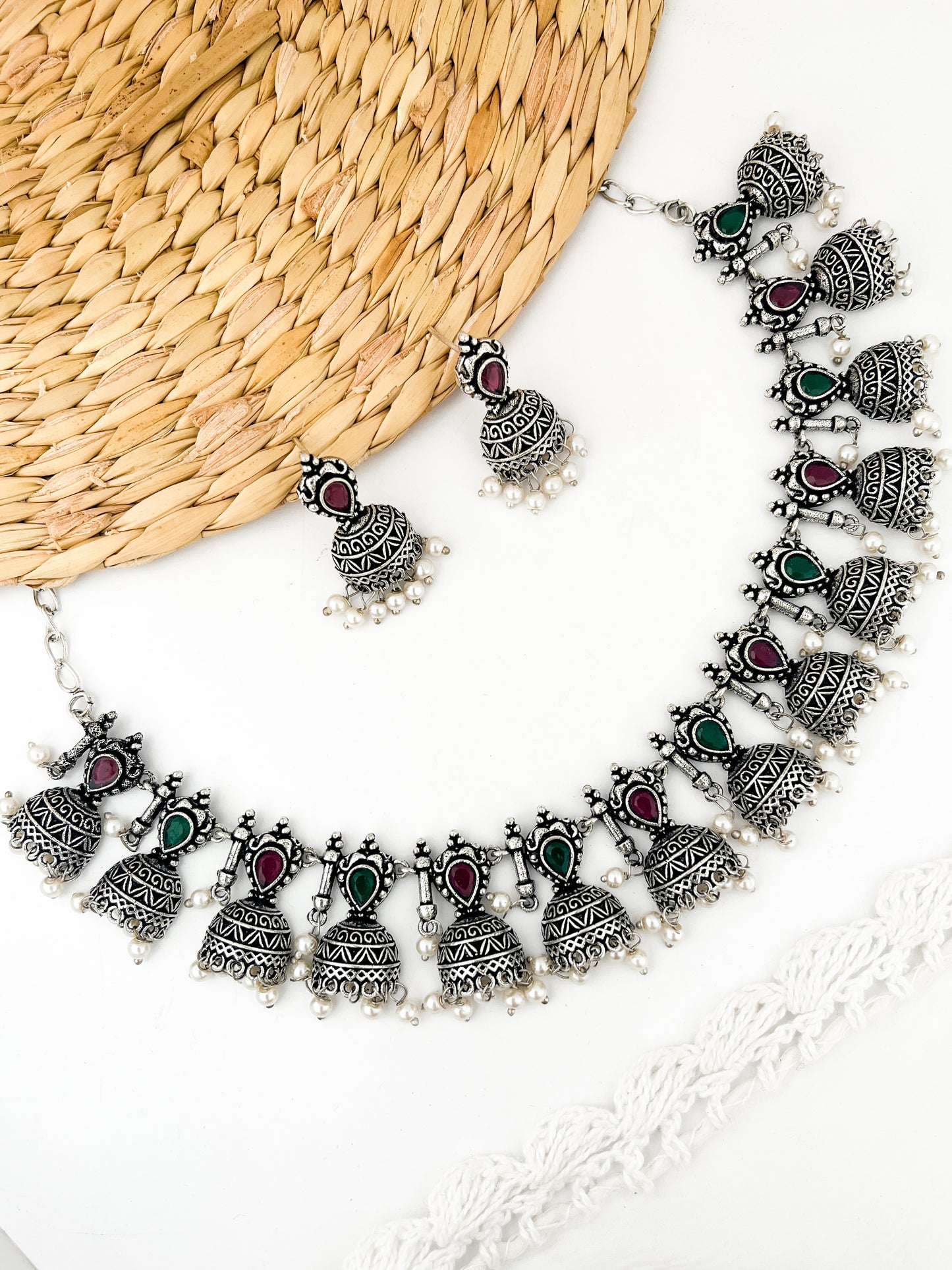 JHIMKI- German Silver Half Jhumka Neckpiece With Earrings Red Green
