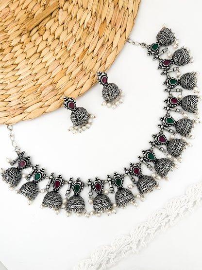 JHIMKI- German Silver Half Jhumka Neckpiece With Earrings Red Green
