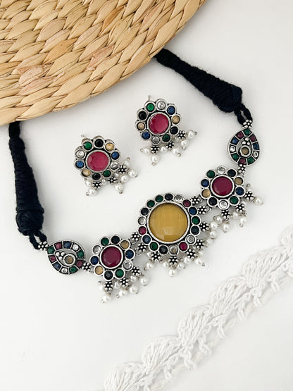 SHUBHA - German Silver Chocker With Earrings Multi