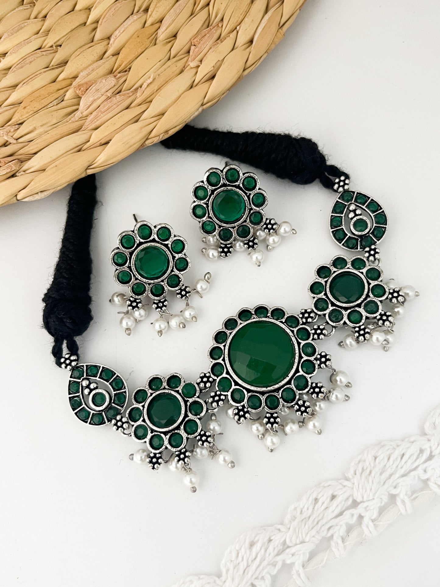 SHUBHA- German Silver Chocker With Earrings Green